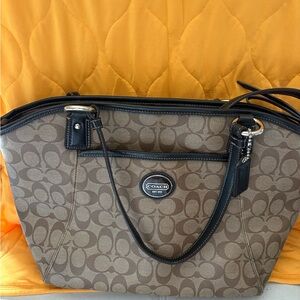 Coach Brown Signature Canvas Tote with Black Trim